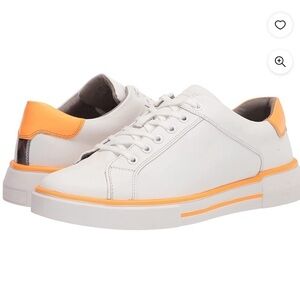 Kenneth Cole New York white leather neon orange trim lace up men’s sneakers 10
